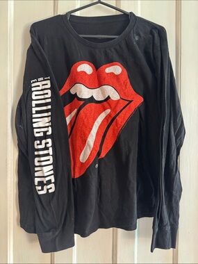 the Rolling Stones Black Long-Sleeve Tee with Red Tongue Graphic